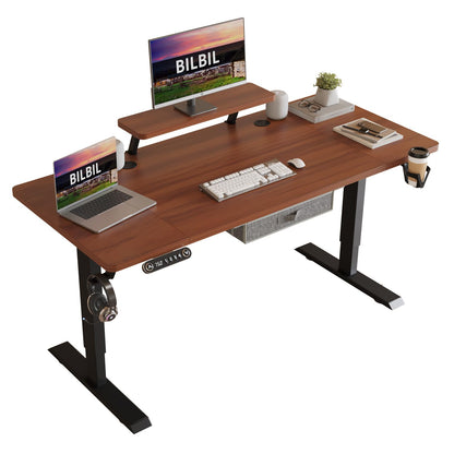 bilbil Electric Standing Desk with Drawer, 63x30 Inches Adjustable Height Sit Stand Up Desk with Storage Shelf, Home Office Desk Computer Workstation with Dark Walnut Top/Black Frame - WoodArtSupply