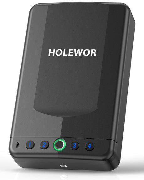 HOLEWOR Car Gun Safe, Small Pistol Safe Biometric Gun Safe for Handgun, Portable Fingerprint Quick Access Handgun Safe for Nightstand Bedside HOLEWOR
