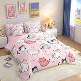 7-Piece Cute Cat Bedding King Size Cartoon Animal Bed in a Bag, Kawaii Kitten Comforter Set for Kids Boys Girls Pet Themed Comforter, Fitted Sheet, Top Sheet, Pillowcases and Throw Pillow Covers, Pink Erosebridal