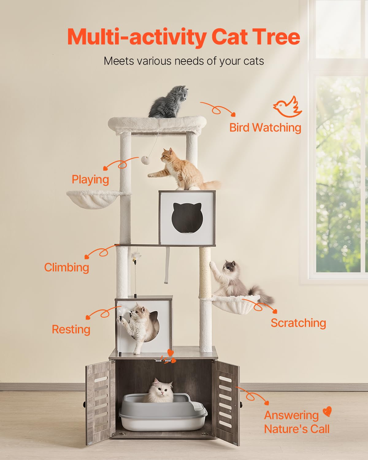 VEVOR Large Cat Tree with Litter Box Enclosure, 72.83 inches Tall, 2-in-1 Cat Tower, Multi-Level Cat Condo Furniture with Sisal Scratching Posts, Perches, Hammock, Big Kittens House for Indoor Cats VEVOR
