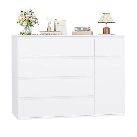 FOTOSOK White Dresser with 19.5'' Deeper Depth, White Chest of Drawers Modern Dresser for TV Stand, Nursery Dresser Wide Storage Chests of Drawer with Door, Deep Drawers and Wide Storage Space FOTOSOK