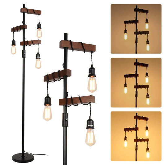 Dimmable Industrial Floor Lamp, Farmhouse Tree Floor Lamp, 68 Inch 3 Lights Wood Standing Lamp, Sturdy Base Tall Vintage Pole Light, Metal Black Floor Lamps for Living Room Bedroom Office Rus - WoodArtSupply