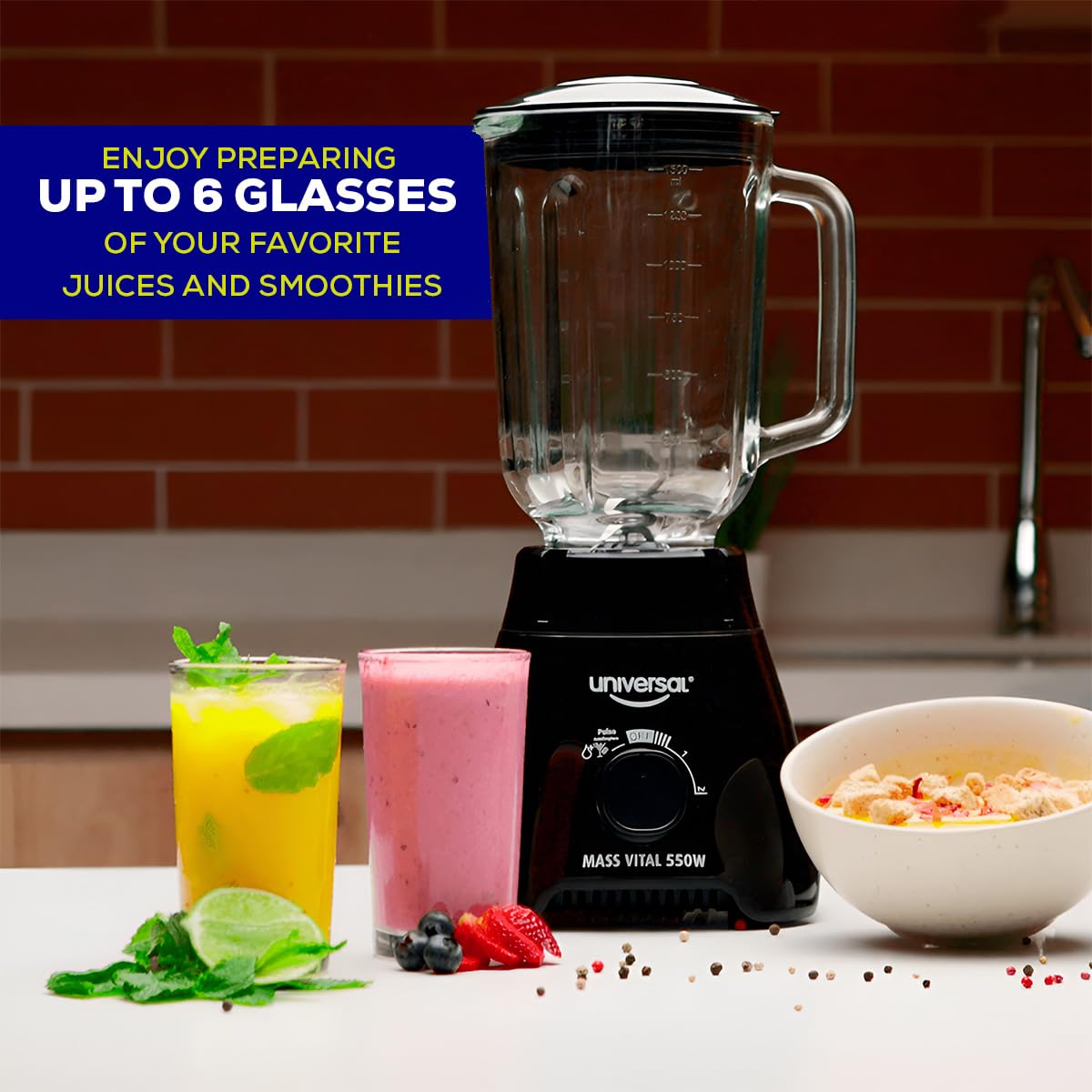 Universal 550W Mass Vital Blender with Glass Jar 57 Oz / 1.7 Liter / 1.8 Quart, 2 Speed + Pulse Function and 4 Stainless Steel Blade with Chrome Steel Technology universal