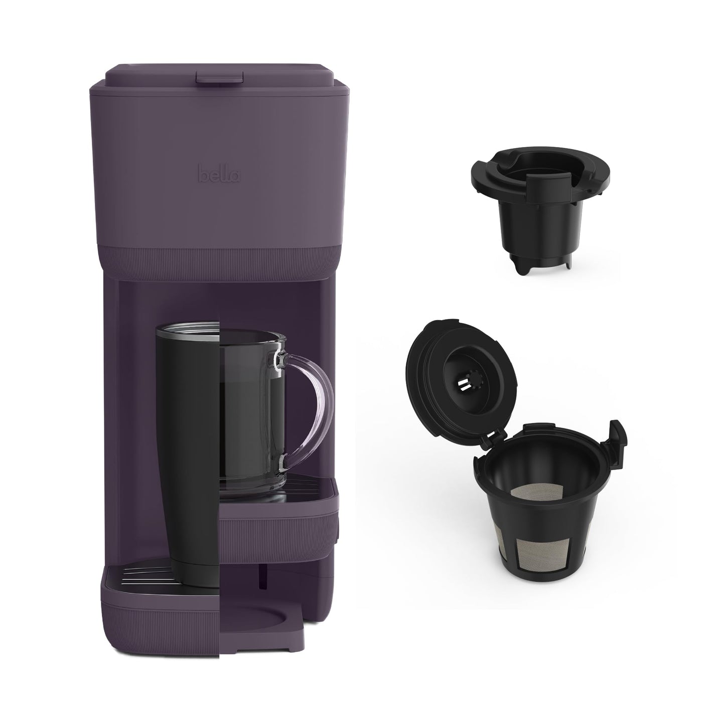 BELLA Single Serve Coffee Maker, K Cup & Coffee Ground Compatible with Removable, Adjustable Drip Tray, Auto Shutoff & Reusable Dishwasher Safe Accessories, Brews 6oz to 14oz, 1000 Watt, Plum