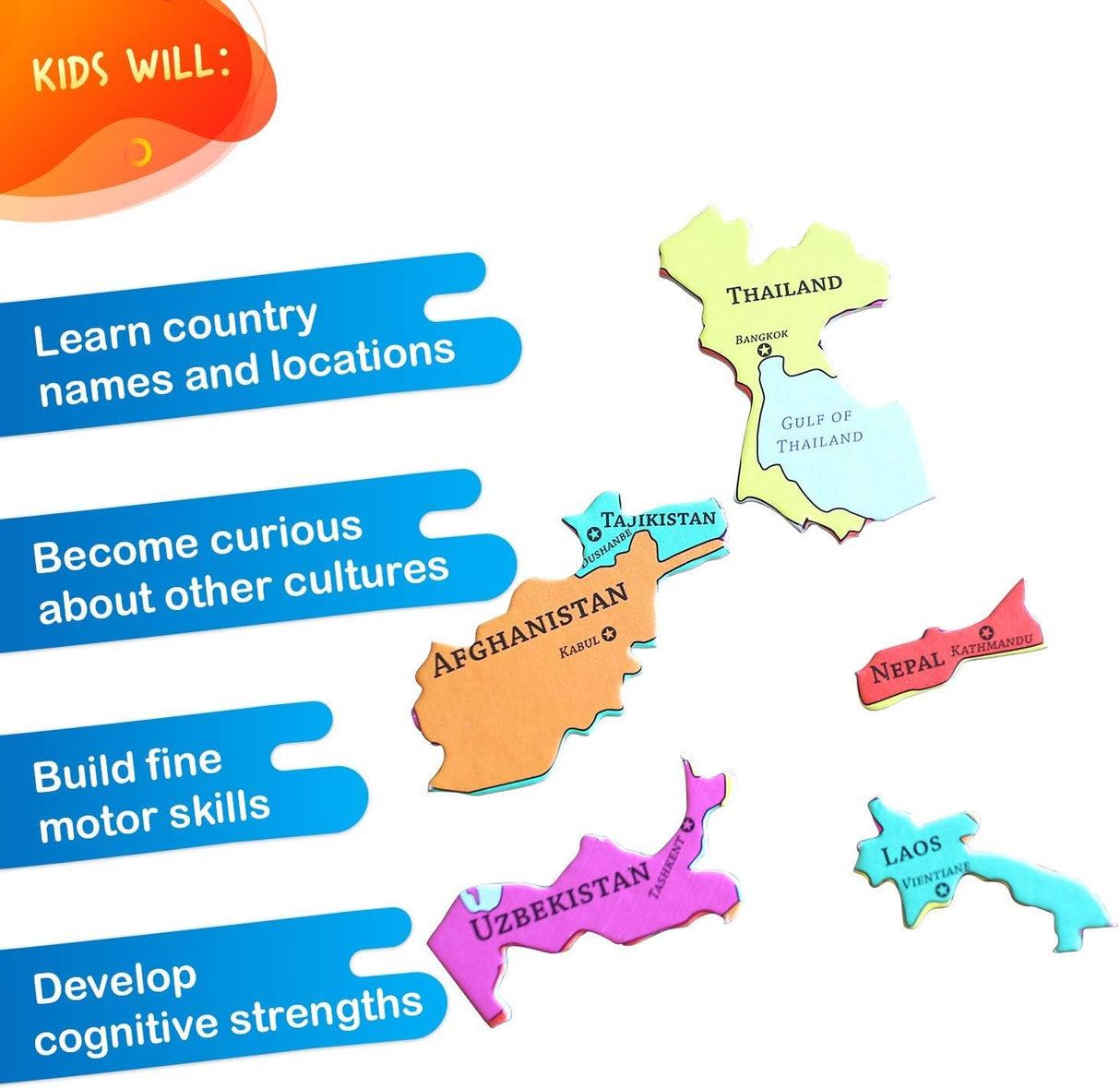 GeoToys GeoPuzzle, Asia Shaped Jigsaw Puzzles, 50 Pc Geography Puzzle, Geography Game & Map Puzzle, Jigsaw Puzzles for Kids Ages 6-9 Years Old Geotoys