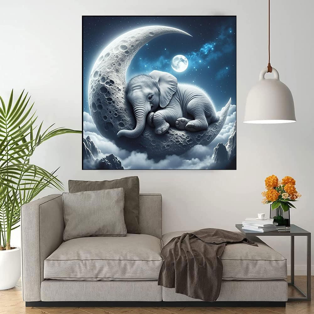 WUSARPLY Elephant Diamond Paintings Kits for Adults, Moon Home Diamond Art Kits Full Drill Diamond Dots Paint with Diamonds Gem Arts and Crafts for Beginner Adults Home Wall Decor WUSARPLY