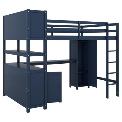 SOFTSEA Full Size Loft Bed with L Shaped Desk, Wood Loft Bed with Wardrobe, Storage Cabinet and Shelves, High Loft Bed Frame with Storage Headboard for Kids Teens Adults, Dark Blue