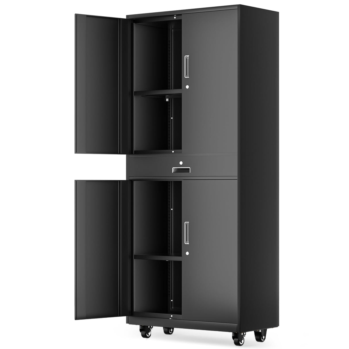 Athena Collection 4 Tier Storage Cabinet with Wheels, Large Capacity 73" Garage Metal Storage Cabinet with Drawer and Adjustable Shelves, Lockable Utility Tall Cabinet for Home Office, Black Athena Collection