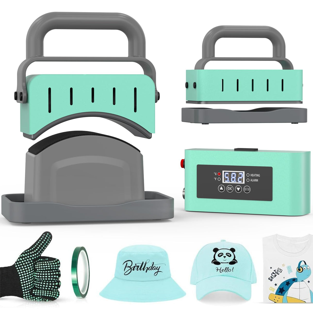 ITEFDTUTNE 2 in 1 Hat Press Machine, Heat Press Machine for Caps, T-Shirts, Bags. with 3.15"×5.5" Curved Heating Element & Silicone Platen, LCD Digital Temperature & Timer Control, No Crease ITEFDTUTNE