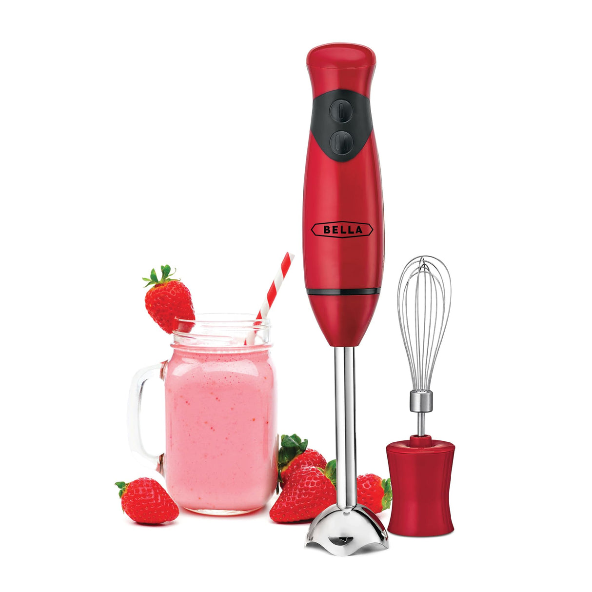 BELLA Immersion Hand Blender, Portable Mixer with Whisk Attachment - Electric Handheld Juicer, Shakes, Baby Food and Smoothie Maker, Stainless Steel, Red BELLA