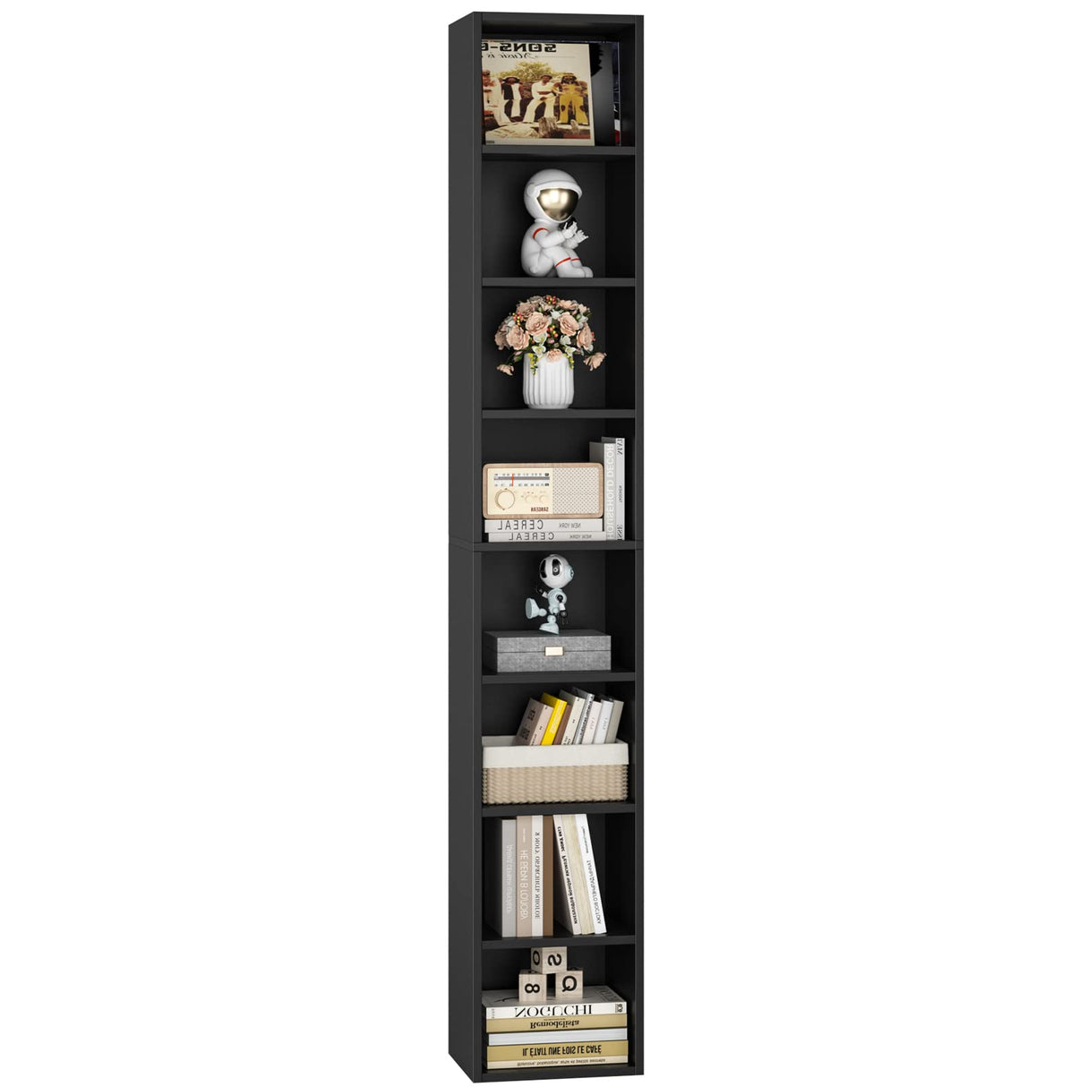 FOTOSOK 8-Tier Adjustable Media Tower Rack - Slim Black Storage Cabinet for CDs, DVDs, and Books FOTOSOK