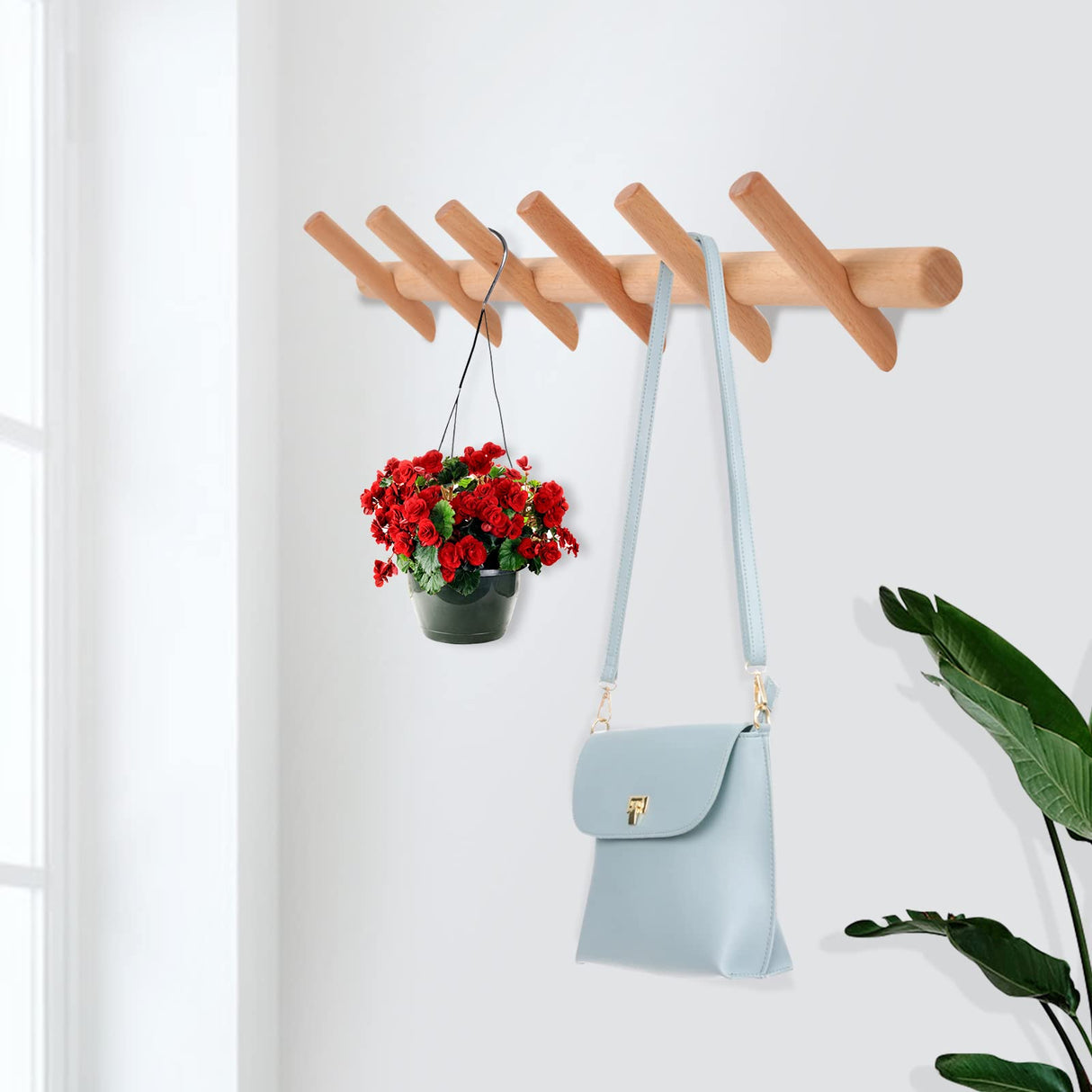 KYSMOTIC Modern Wood Coat and Hat Rack - Wall Mounted - 6 Peg Hooks - Stylish, Natural, Smooth KYSMOTIC