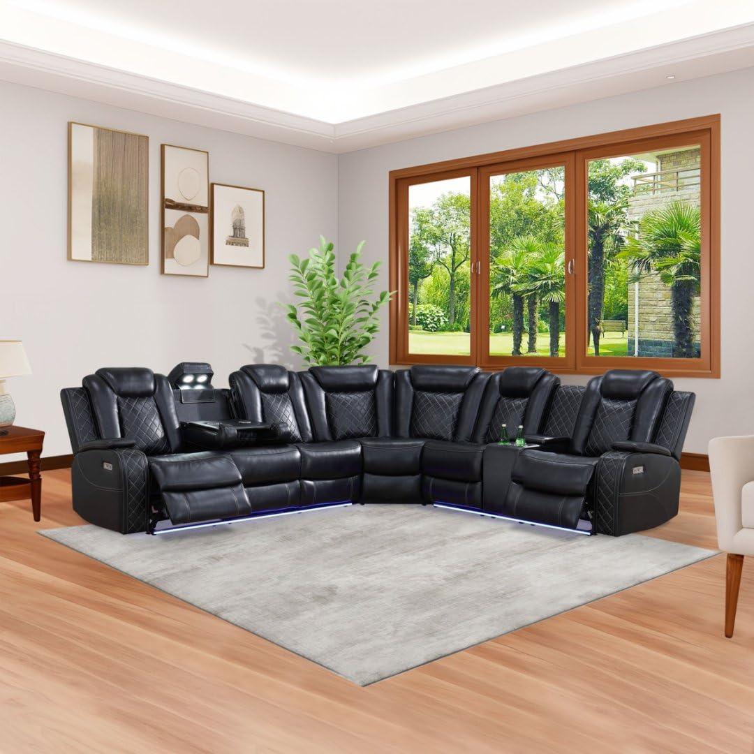 Power Recliner Sectional Sofa with LED Light, Breathing Leather Recliner Sofa Couch with Wireless Charger/Cup Holder for Living Room Home Office Theater (All Black) Pon Living Furniture Inc