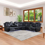 Power Recliner Sectional Sofa with LED Light, Breathing Leather Recliner Sofa Couch with Wireless Charger/Cup Holder for Living Room Home Office Theater (All Black) Pon Living Furniture Inc