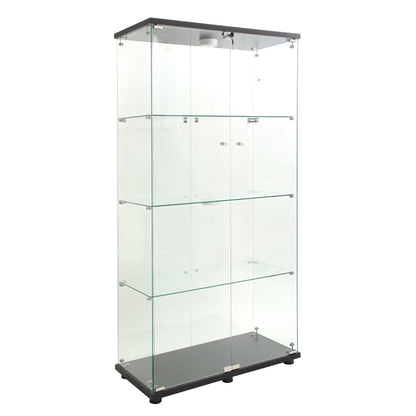 64.7" Glass Display Cabinet 4-Shelf Black Display Case with LED Light and Two Glass Doors Modern Curio Collection Cabinet, Floor Standing Bookshelf for Living Room Office（Black 64.7"x31.7"x14.3"）