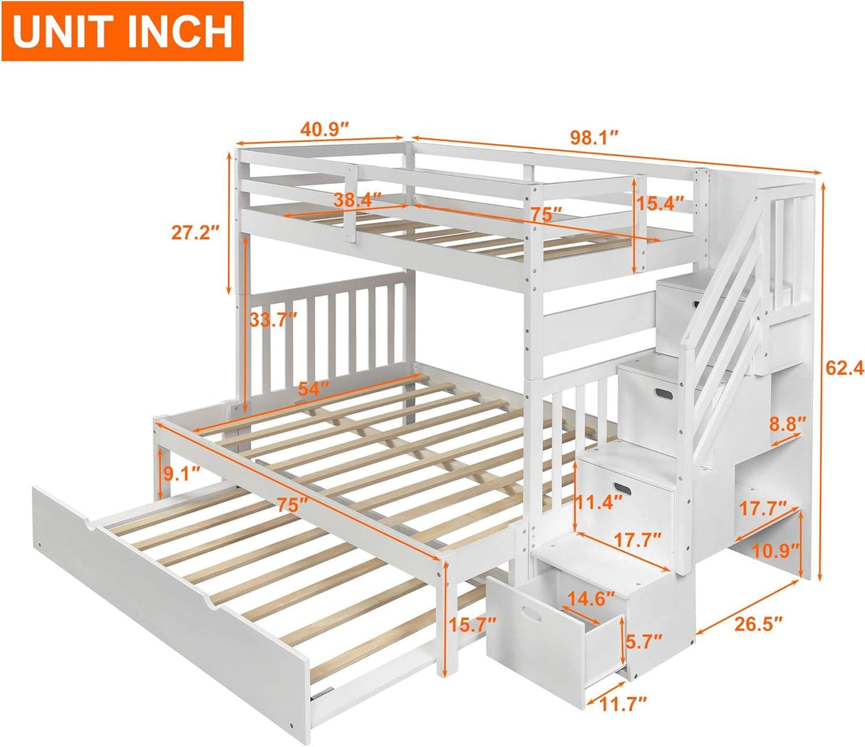 MERITLINE Twin Over Twin/Full Convertible Bunk Bed with Twin Trundle, Storage Stairs and Drawers,Solid Wood Detachable Bunk Bed with Storage Shelves for Adults,No Box Spring Needed (White) MERITLINE