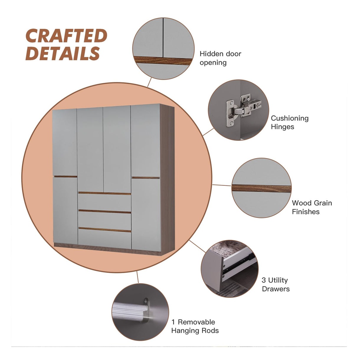 GraceGrove 4-Door Wooden Gray Armoire Wardrobe Closet with 3 Drawers for Bedroom Storage Wardrobe Closet Wood with Hanging Rod with Large Storage Wardrobe with Drawers 63" L x 20.3" W x 72" H GraceGrove