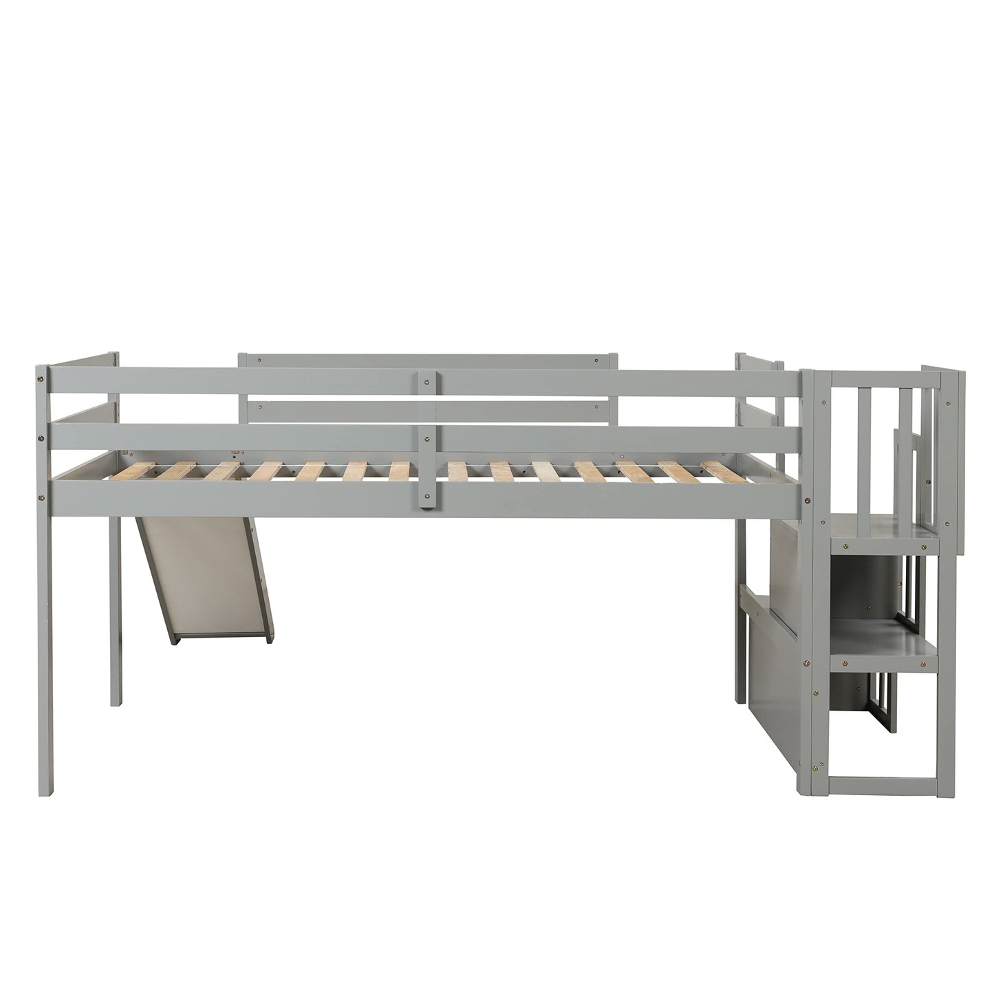 Olela Twin Loft Bed with Stairs and Slide - Grey Low Profile Solid Wood Design - WoodArtSupply