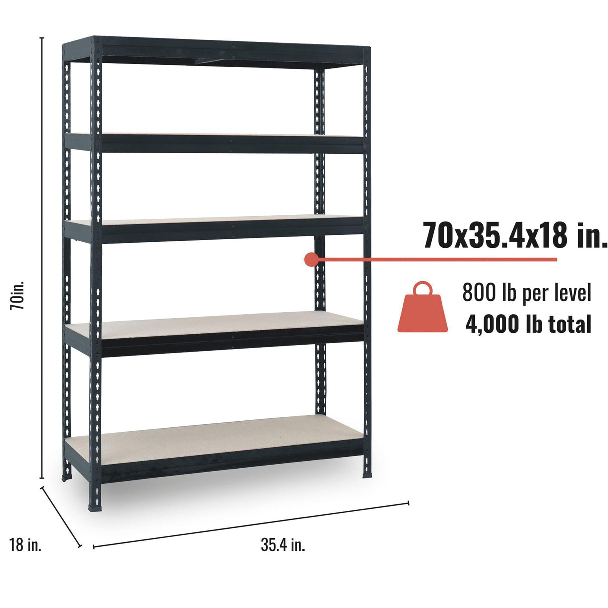 AR Shelving Heavy-Duty Garage Shelving, 5-Shelf Unit, 800-Lb. Capacity Per Shelf, 36in.W x 18in.D x 70in.H, Model# TR18C505KGEDD9G00 AR Shelving