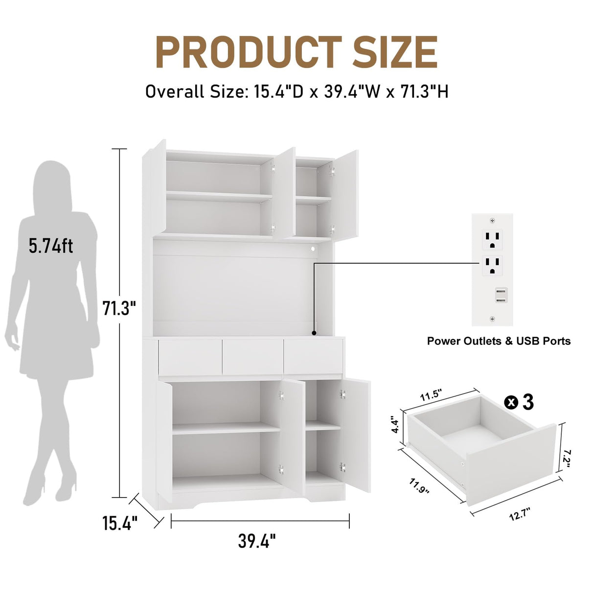YBXGO 71'' Kitchen Pantry Cabinet with LED Light and Charging Station, Tall Kitchen Hutch Storage Cabinet with Microwave Stand, Modern Buffect Cabinet with Adjustable Shelves, Handless Design, White YBXGO