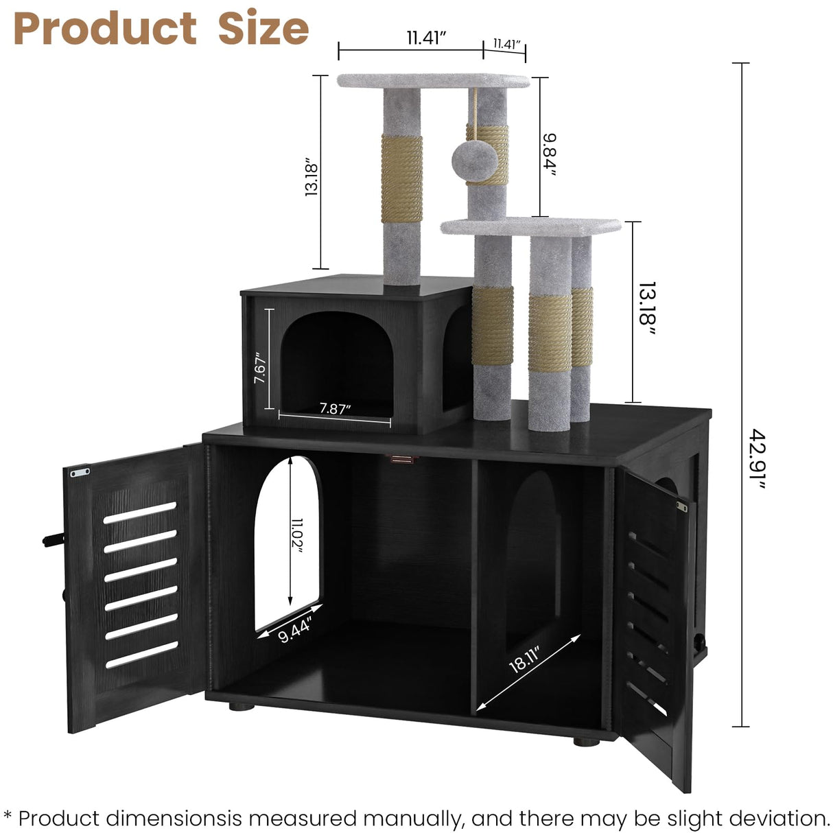 DKLGG Large Wooden Cat Tree House with Hidden Litter Box Enclosure | Multi-Functional Cat Furniture Featuring Sisal Scratching Post, Plush Perch Platform & Divided Condo for Indoor Cats (Black) DKLGG