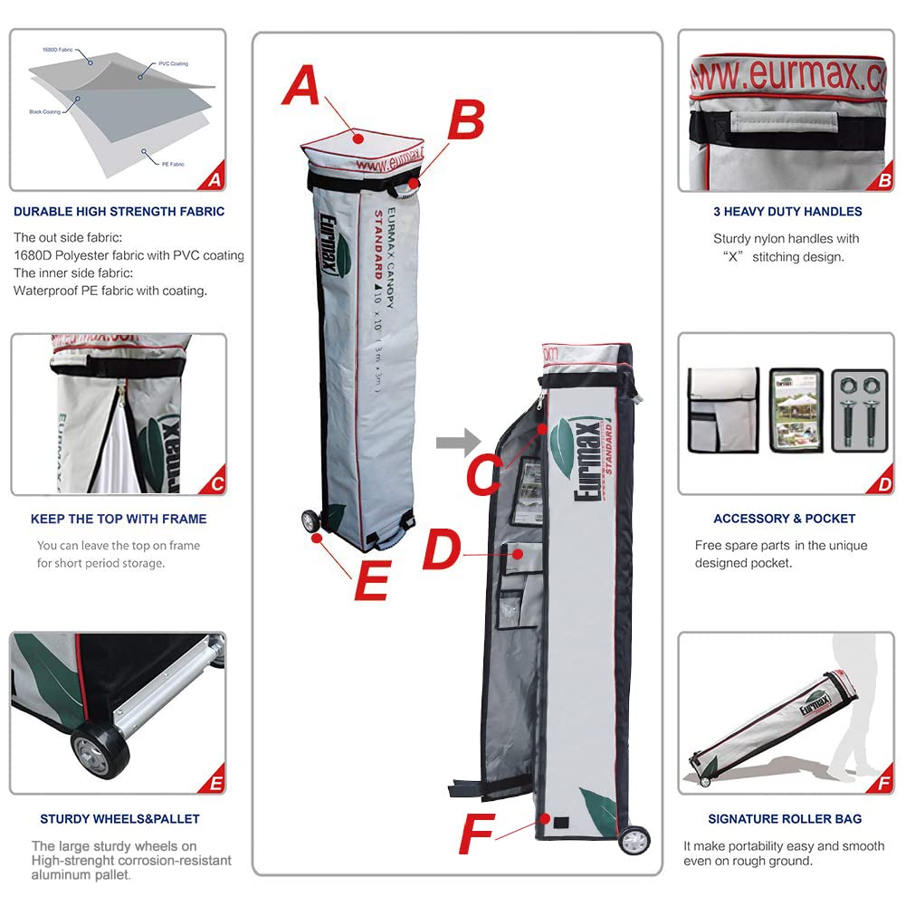Eurmax USA 10'x20' Pop Up Canopy Tent Commercial Instant Canopies with Heavy Duty Roller Bag,Bonus 6 Sand Weights Bags (White) Eurmax