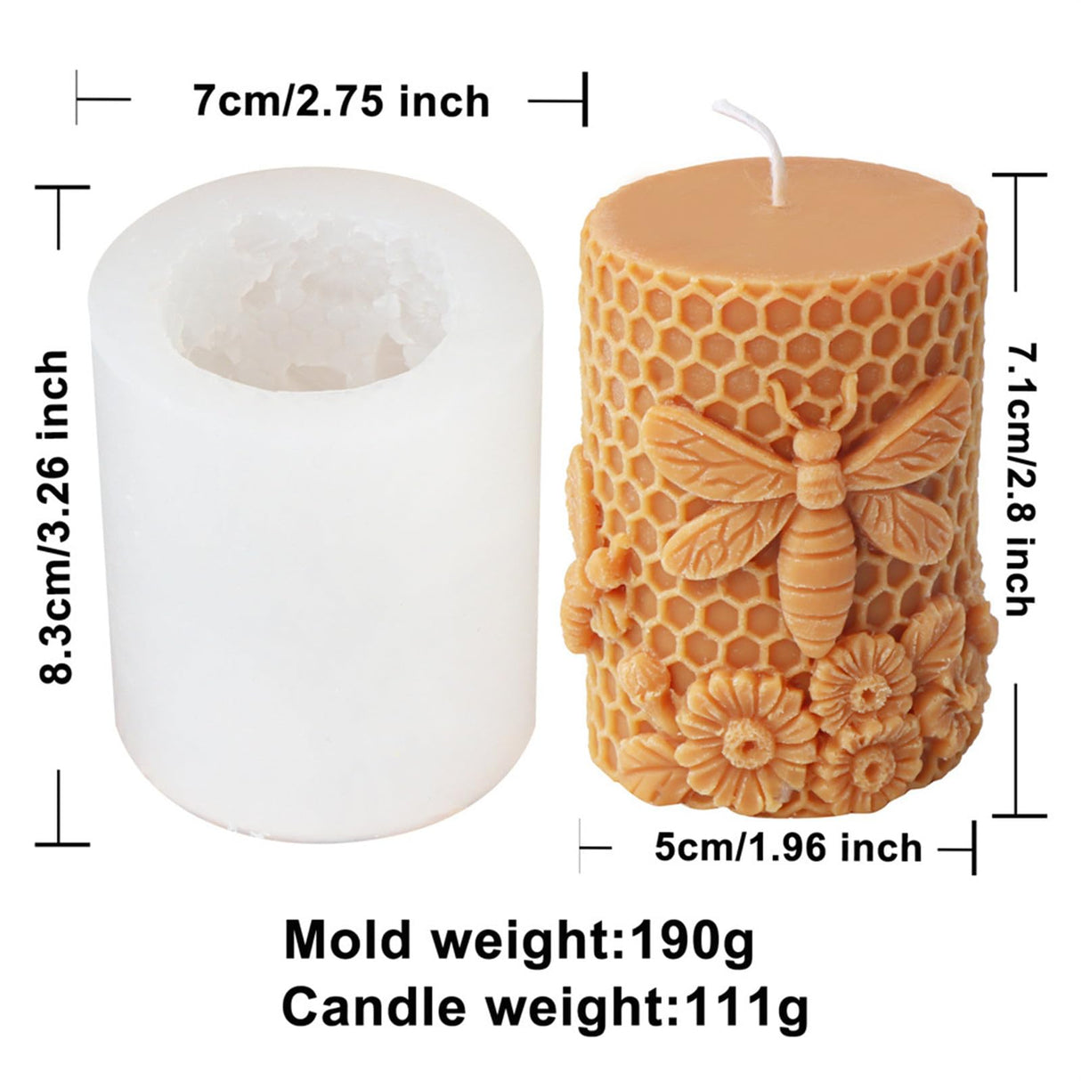 Xidmold Bee Honeycomb Flower Cylinder Candle Mold, Honeybee Beehive Pillar Silicone Mold for Beeswax Candle, Soy Wax Candle, Plaster Ornament, DIY Crafts (B) Xidmold