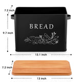 TeamFar Bread Box with Wooden Lid, 13.1” x 7.2” x 9.7” Metal Bread Container Storage Holder for Family Farmhouse Kitchen Countertop, Powder-Coated & Healthy, Large Capacity & Classic Pattern (Black) TeamFar