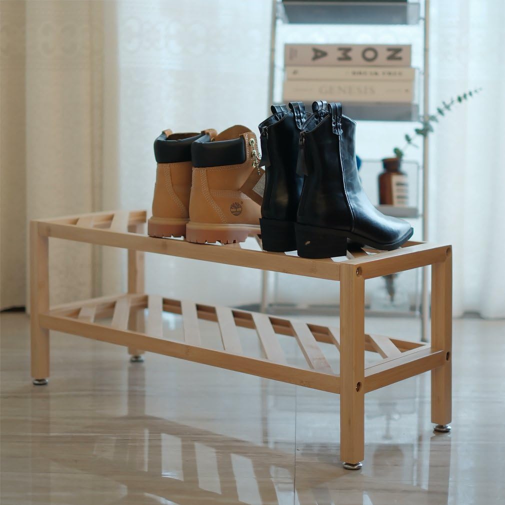 Flyxiregg 2-Tier Bamboo Shoe Rack Bench, Stackable Shoe Storage Bench Organizer Free Standing Shoe Shelf for Entryway and Closet Hallway, Bamboo Rack in Different Combinations, 27.6"x10.3"x11" (Wood) Flyxiregg
