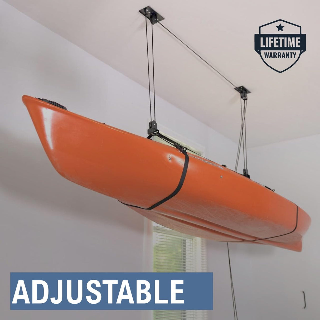StoreYourBoard Kayak and Canoe Ceiling Hoist – Overhead Garage Storage Rack for Kayaks, Canoes, and Paddle Gear – Heavy Duty Pulley System Indoor Ceiling Mount – Holds 150 lbs, 10 to 14 ft High Spaces StoreYourBoard