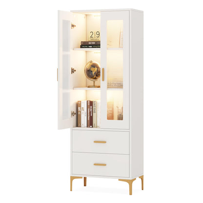 Tribesigns Bookcase with Doors and LED Light, White Bookshelf with 2 Drawers, Freestanding Tall Storage Cabinet for Living Room, Bathroom, Office,