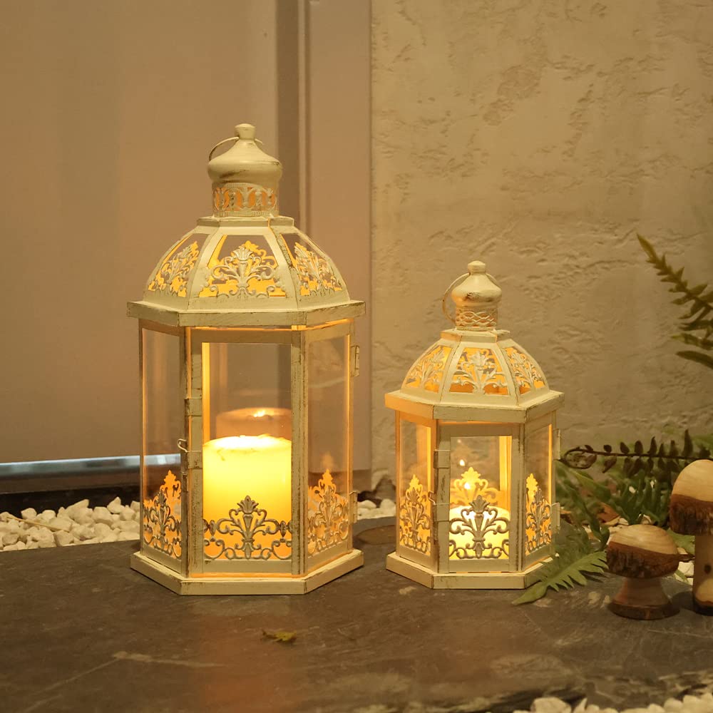 Lanterns Decorative Outdoor&Indoor, Set of 2 (15"&11") Beige Metal Lantern Decor with Glass, Candle Holder for Porch, Patio, Garden, Fall, Wedding, Christmas, Table Centerpiece NEEDOMO