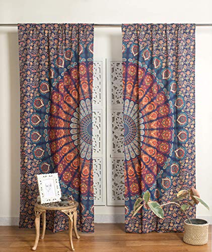 Popular Handicrafts Indian Hippie Bohemian Beautiful Peacock Mandala Curtain Panels Room Divider Blue Popular Handicrafts