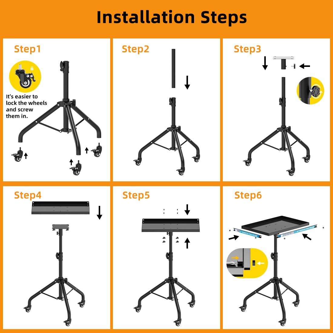 Rolling Tool Cart with Magnetic Strip, Mobile Work Table Rolling Tool Tray with Wheels Height Adjustable Tool Table Rolling Utility Cart Mechanic Cart Tool Storage Organizer for Garage, Bike Work Shop Gaoymsym