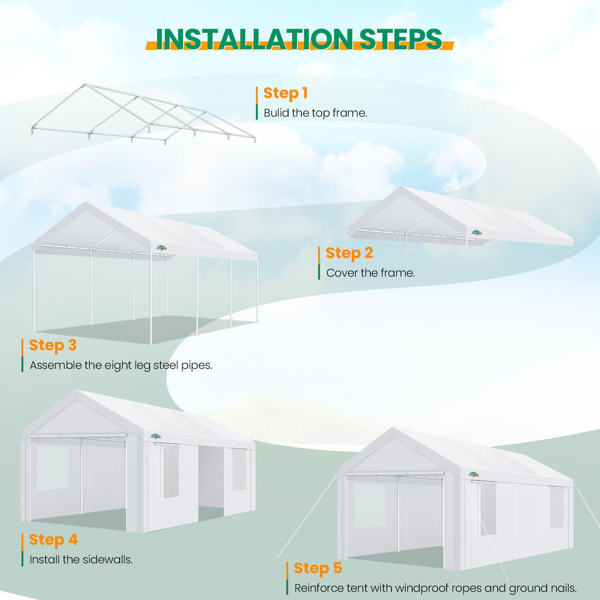 COBIZI Carport Canopy 12x20 Heavy Duty Portable Garage with Removable Sidewalls & Doors, Galvanized Frame Car Port Canopy Tent with Built-in Sandbags & All-Season Tarp for Car Boat Truck, White COBIZI