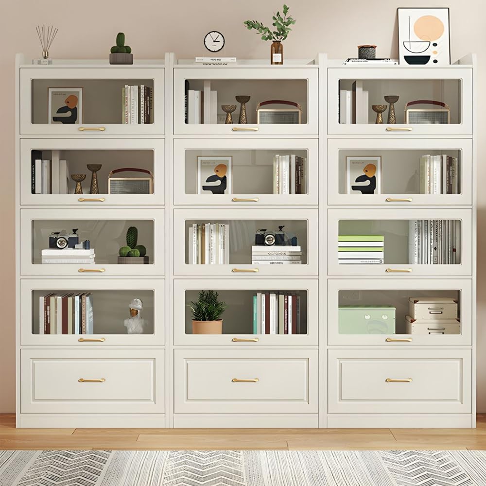 LITFAD Modern White Wooden Bookcase with Glass Doors & Drawer for Minimalist Storage LITFAD