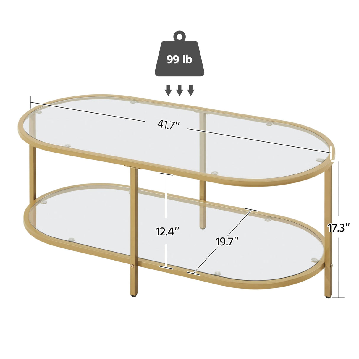 Yaheetech Gold Coffee Table, 42" Oval Glass Coffee Table for Living Room, 2-Tier Center Tea Table with Storage Shelf & Metal Frame for Small Space, Office Yaheetech