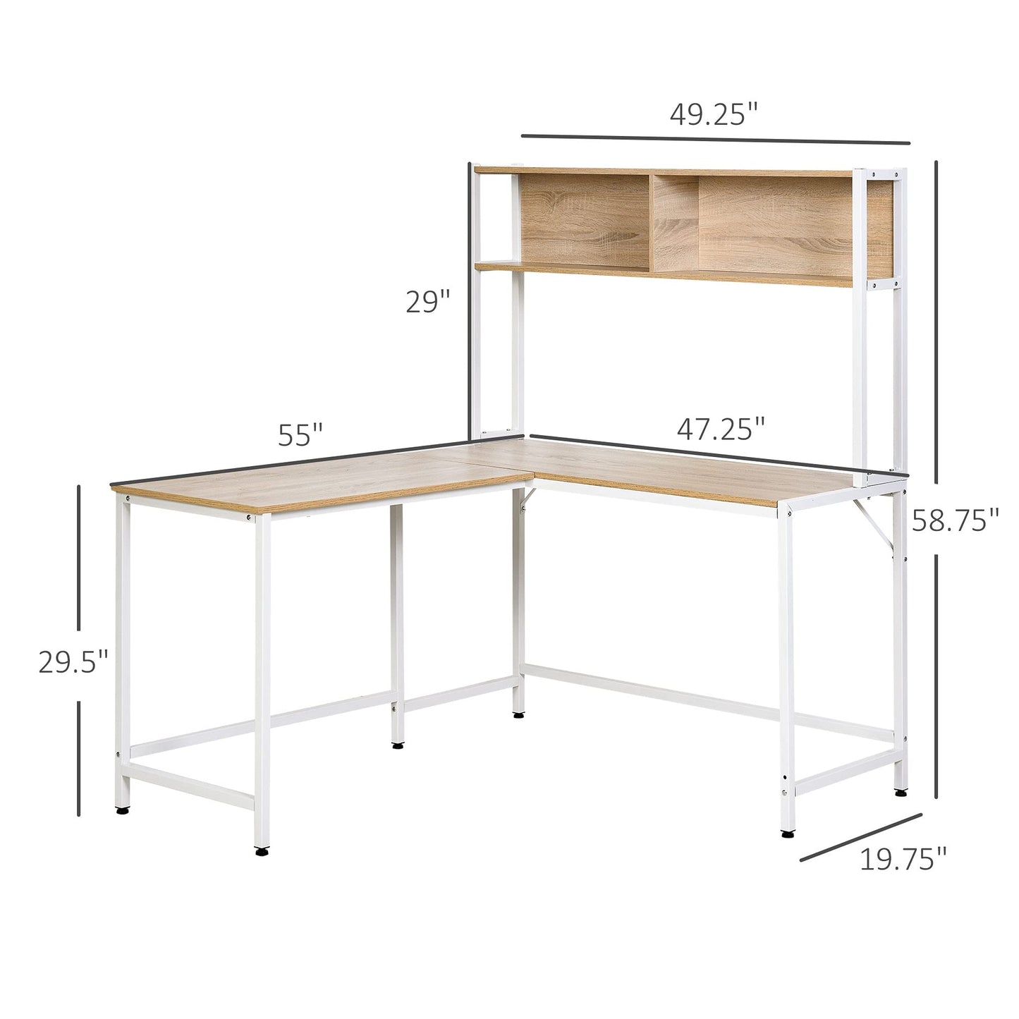 HOMCOM 55 Inch L Shaped Computer Desk with Hutch, Corner Desk for Home Office and Study, Writing Workstation with 2 Storage Compartments, Natural Wood Color