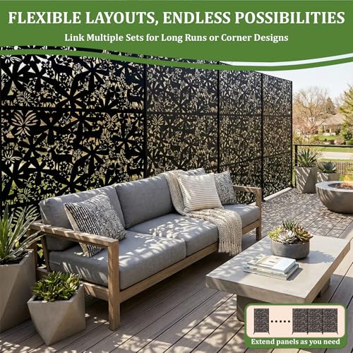 Metal Privacy Screen Outdoor 6FT – Freestanding Laser Cut Steel Garden Divider Panel with Stand, Decorative Modern Privacy Screen for Patio, Deck, Backyard & Balcony, Rustproof & Weather-Resistant WIZWERK