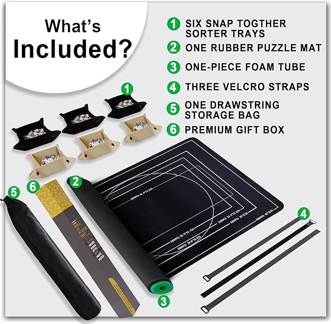 Lwoeo Jigsaw Puzzle Mat Roll Up, No Creases 49.2” x 35” Rubber Saver Pad Up to 3000 Pieces, Black Large Puzzel Matte Rollup with 6 Sorting Trays & 1 Storage Bag. Ideal for Holiday and Birthday Lwoeo
