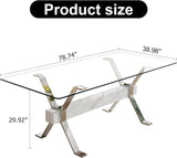 Glass Dining Table for 8-10 Person, 79 inch Modern Dining Room Table with Silver Metal XX-Base, Rectangular Tempered Glass Top Dining Table, Large Dining Table Pedestal Luxury Table for Dining Room Mcltopz