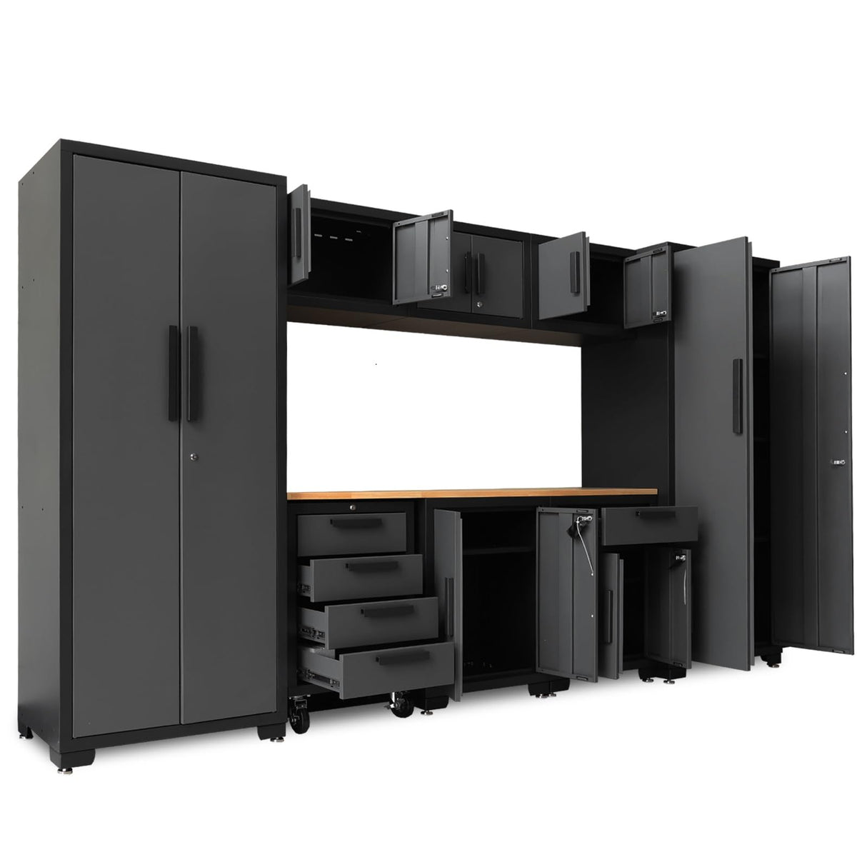 TCE Storage System, 9-Pcs Workshop Set, Included Steel Drawers Rolling Chest, Heavy Duty 9Pcs Metal Cabinets, Perfect for Organizing Garage and Tools, Black/Grey TCE