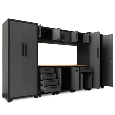TCE Storage System, 9-Pcs Workshop Set, Included Steel Drawers Rolling Chest, Heavy Duty 9Pcs Metal Cabinets, Perfect for Organizing Garage and Tools, Black/Grey TCE