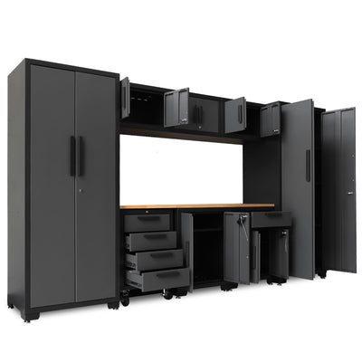 TCE Storage System, 9-Pcs Workshop Set, Included Steel Drawers Rolling Chest, Heavy Duty 9Pcs Metal Cabinets, Perfect for Organizing Garage and Tools, Black/Grey