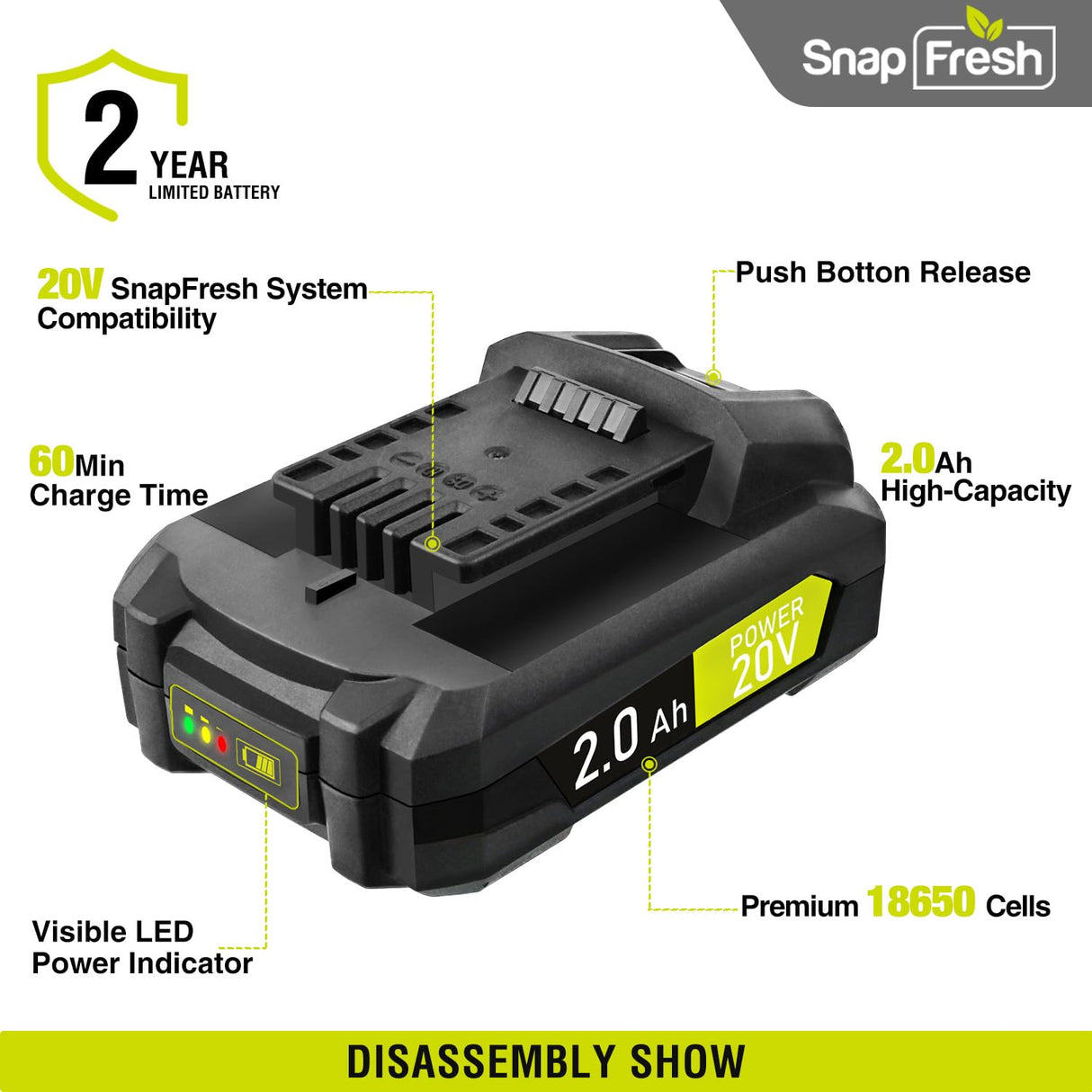 SnapFresh 20V 2.0Ah Li-ion Battery, (Not Compatible with Other Brands), Lithium-Ion Battery Support Fast Charging(BBT-DC20A) SnapFresh