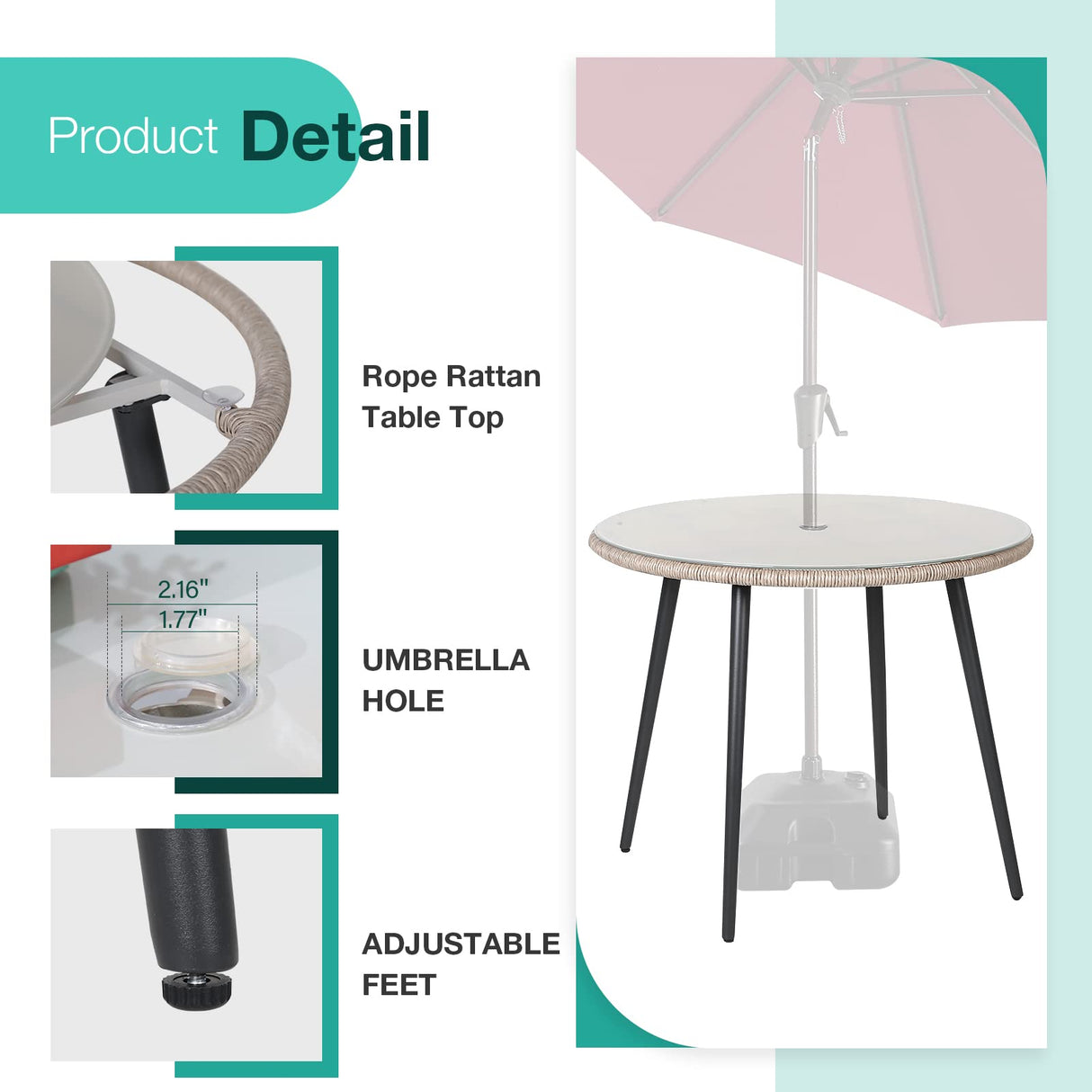 Patiorama 5-Piece Patio Dining Set, Outdoor Dining Table Chair Set, All-Weather Twisted Rattan Wicker Rope Conversation Set, Patio Furniture Set w/Umbrella Hole, 4 Cushioned Chairs&Glass Table(Tan) Patiorama
