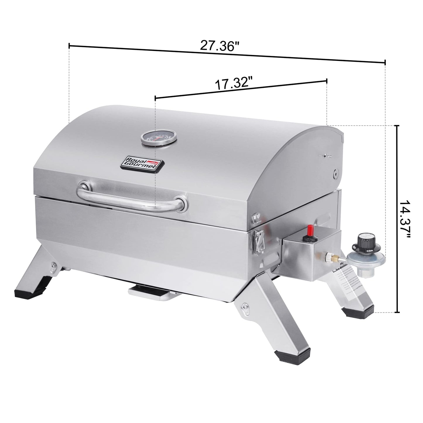 Royal Gourmet GT1001 Stainless Steel Portable Grill, 10000 BTU BBQ Tabletop Gas Grill with Folding Legs and Lockable Lid, Outdoor Camping, Deck and Tailgating, Silver