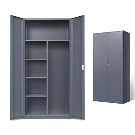 DNA MOTORING Metal Storage Cabinet, 72" Storage Wardrobe with Lock and Hanging Rod, Locking Cabinet Heavy Duty Utility Cabinet with 4 Shelves for Garage,Office,Home,Gym, Gray, TOOLS-00633-GY-GY DNA MOTORING