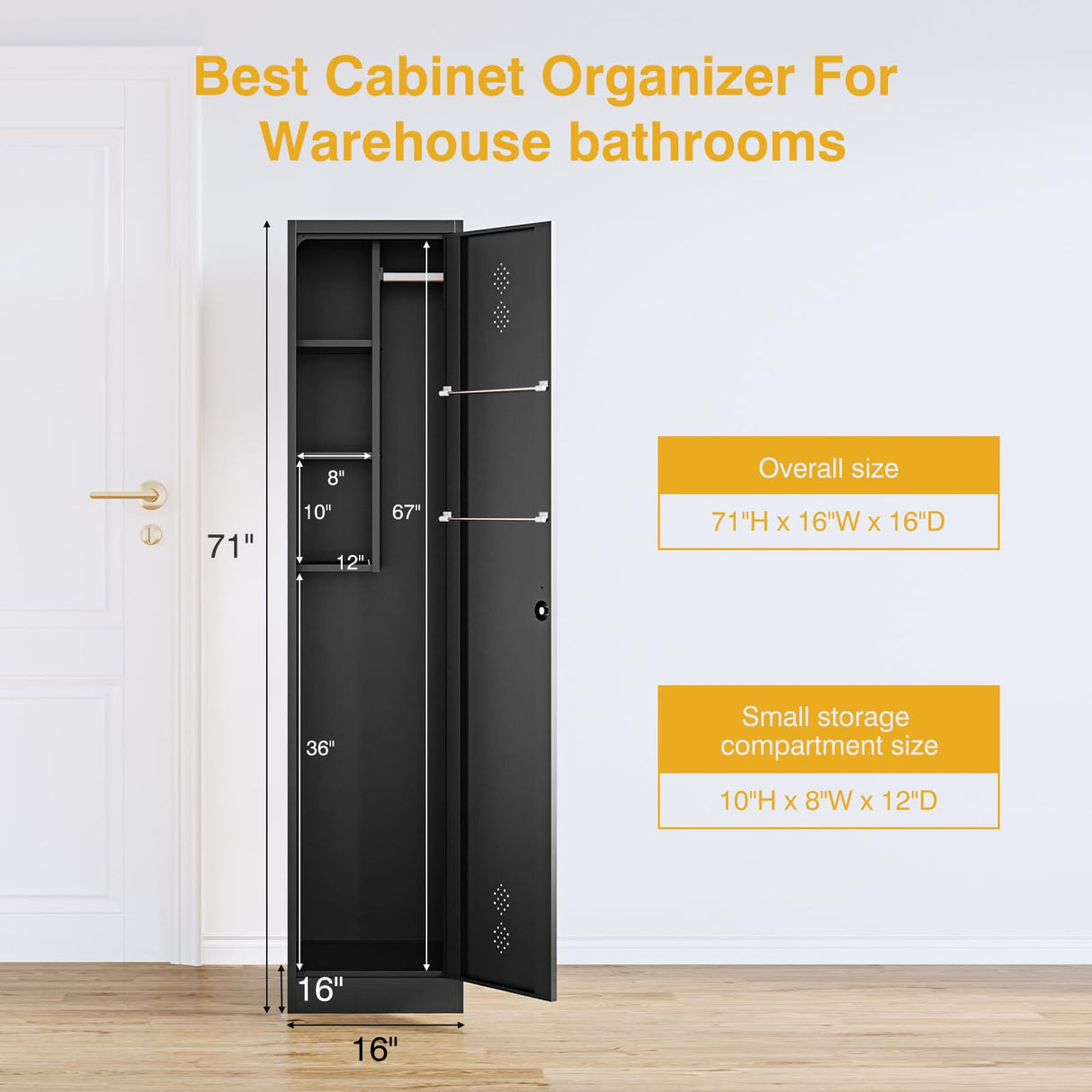 Broom Closet Storage Cabinet Metal Cleaning Tool Cabinet Janitorial Utility Cabinet Cleaning Supplies with Locking Door Broom Rack Shelf for Broom mops Garage Storage 71" Black STANI