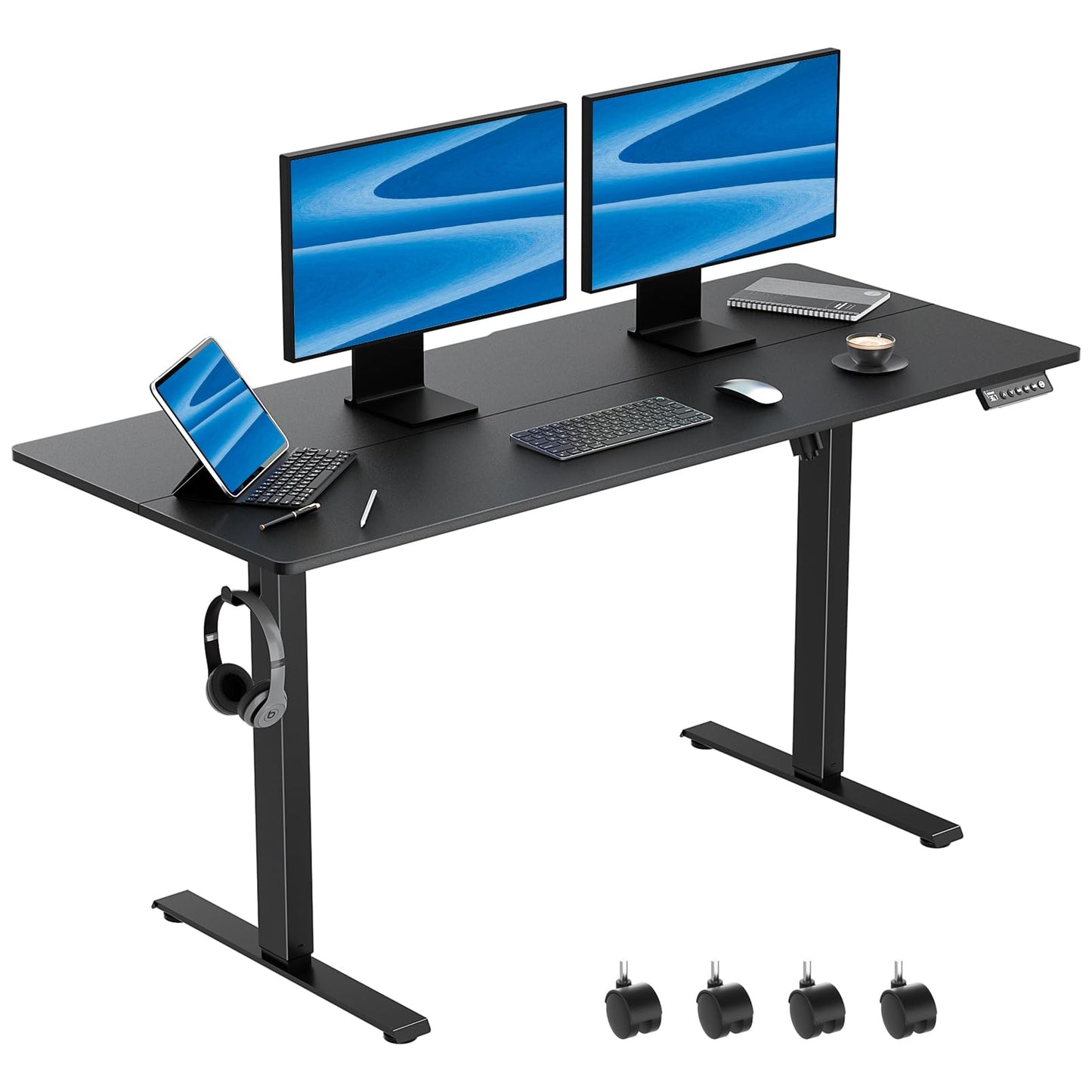 VVENACE 55 Inch Electric Standing Desk Adjustable Height with Wheels,Sit Stand Up Desk,Home Office Desk,Computer Workstation Desk,Gaming Desk,Rolling Desk,Work Desk (Spliced Desktop,Black)